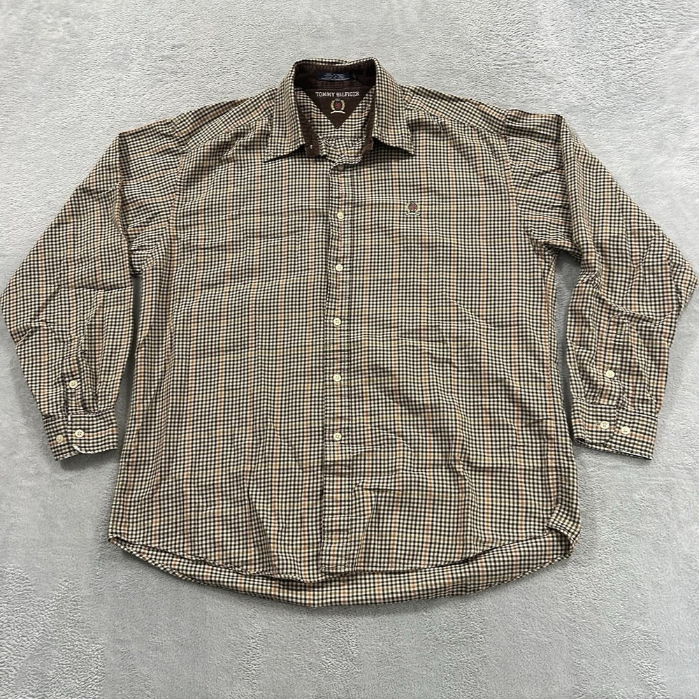 Tommy Hilfiger Flannel Button Shirt Men XL Plaid Brown Baggy Vtg Y2K Dadcore